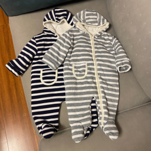 日单婴儿加厚条纹爬服秋冬宝宝夹棉包脚连体衣外贸新生儿保暖哈衣