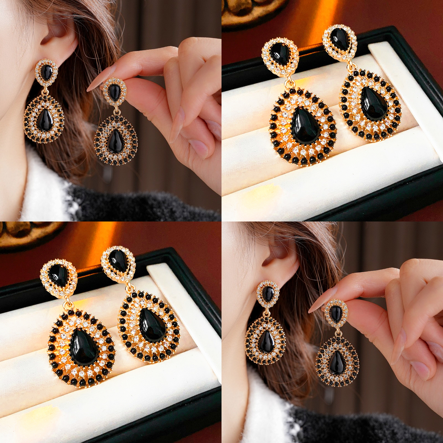 黑色水滴形镶钻耳环女金色框架