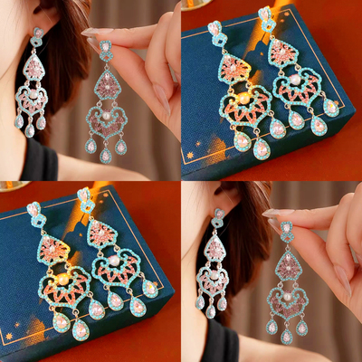 蓝粉渐变水滴流苏长款镂空耳环