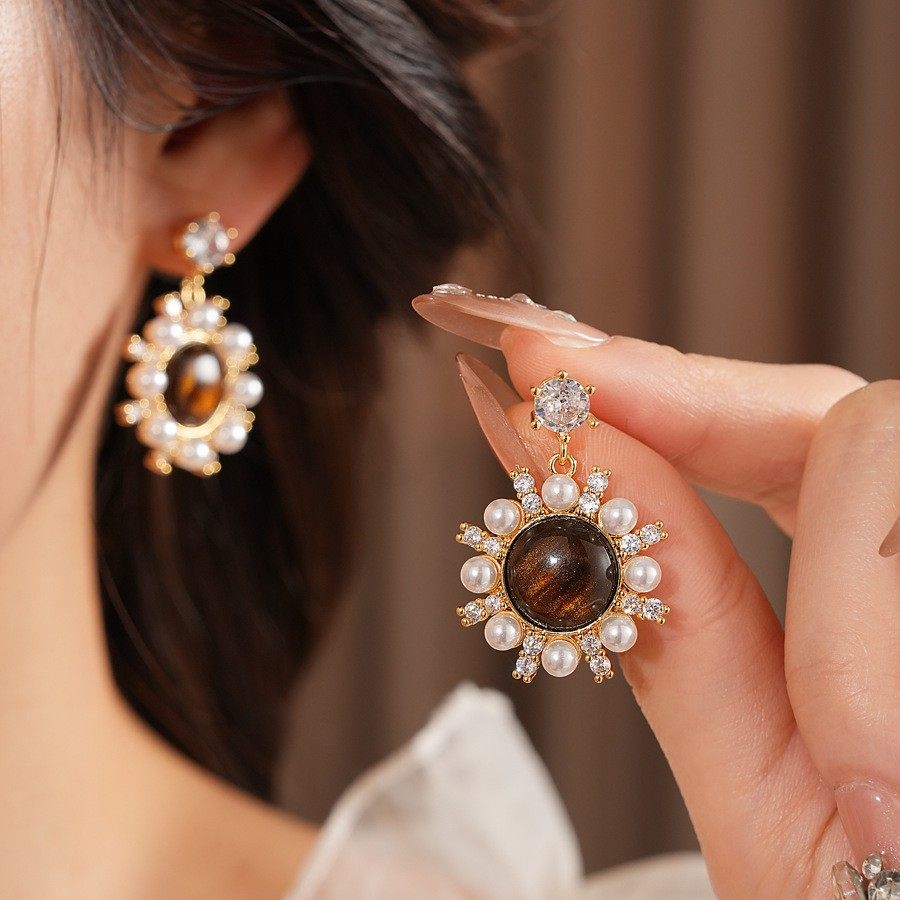 复古珍珠花朵耳环女轻奢高级感