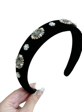 高级感黑色丝绒水钻发箍女轻奢重工富家千金高颅顶压发头箍发饰品