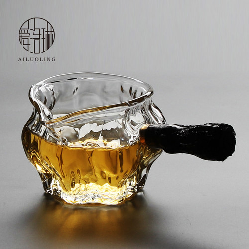 创意实木侧把玻璃公道杯茶道配件分茶器加厚耐热锤纹公杯茶海匀杯