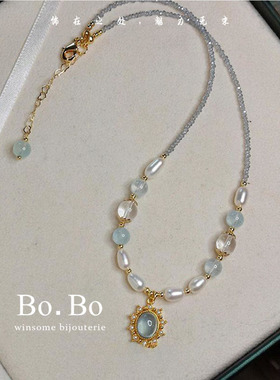 仿海蓝设计小众猫眼石甜蜜锁骨链