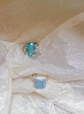 BoBo仿宝石精致湖蓝水晶蓝色托帕石食指戒蝴蝶方形戒指女生