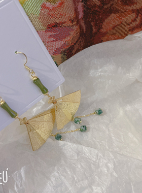 BoBo新中式流苏扇子耳钉复古中国风耳夹无耳洞女秋冬旗袍耳环