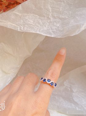 BOBO深蓝宝戒指女轻奢高级感仿蓝宝石指环小众皇家蓝色排钻戒指