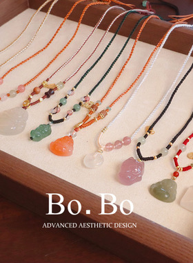 国风天然和田玉佛公红绳项链女玉髓无事牌锁骨链新中式天然石颈链