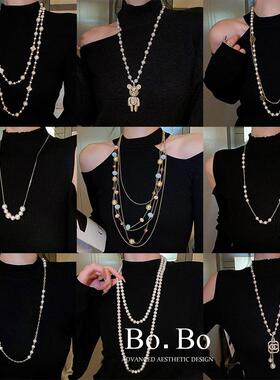 花朵珍珠双层叠戴长款项链