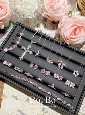 高级精致玫瑰粉锆石花朵食指戒指女温馨浪漫唯美粉水晶蝴蝶结项链