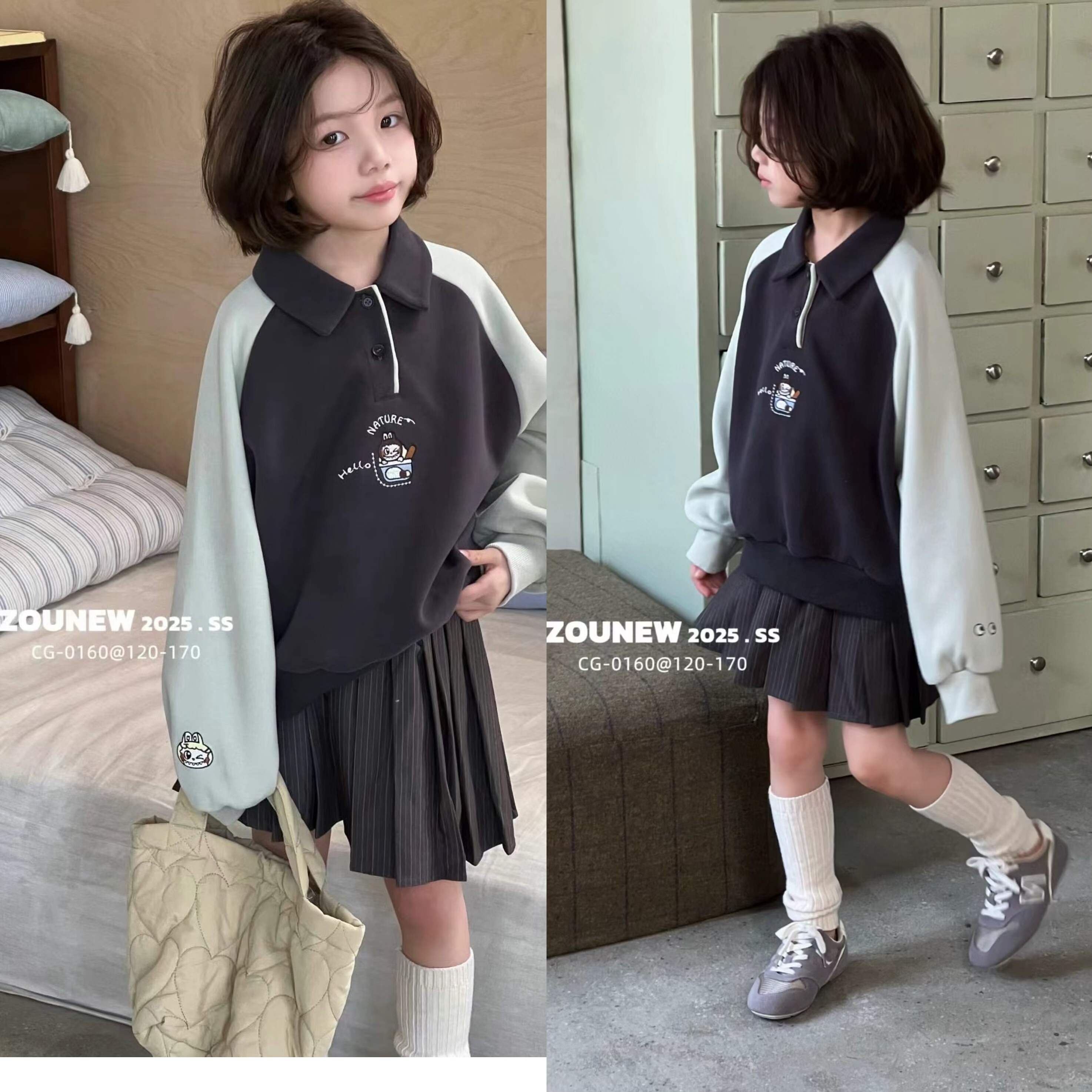 舟由2025夏季新款童装女童polo领卫衣儿童长袖T恤宽松上衣160170