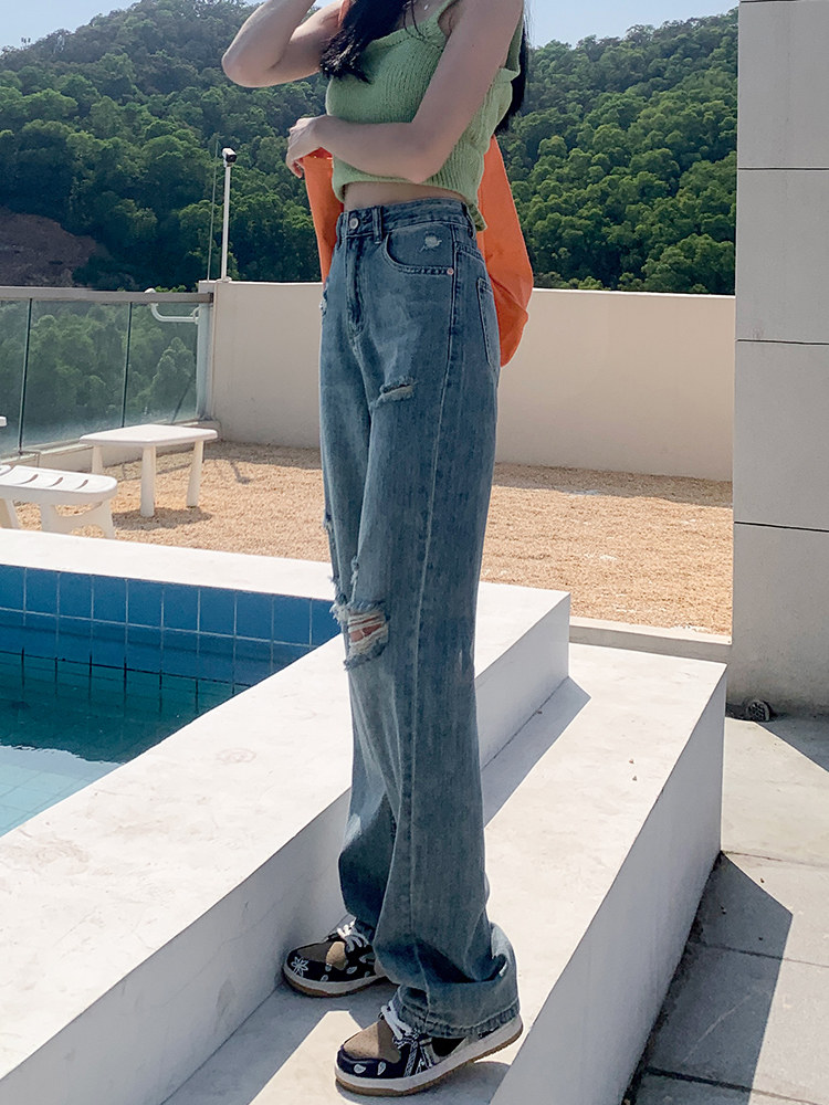 HIGH WAIST STRAIGHT RIPPED JEANS WOMENS SUMMER THIN SECTION 2023 NEW LOOSE DRAPE WIDE LEG MOPPING PANTS WOMEN