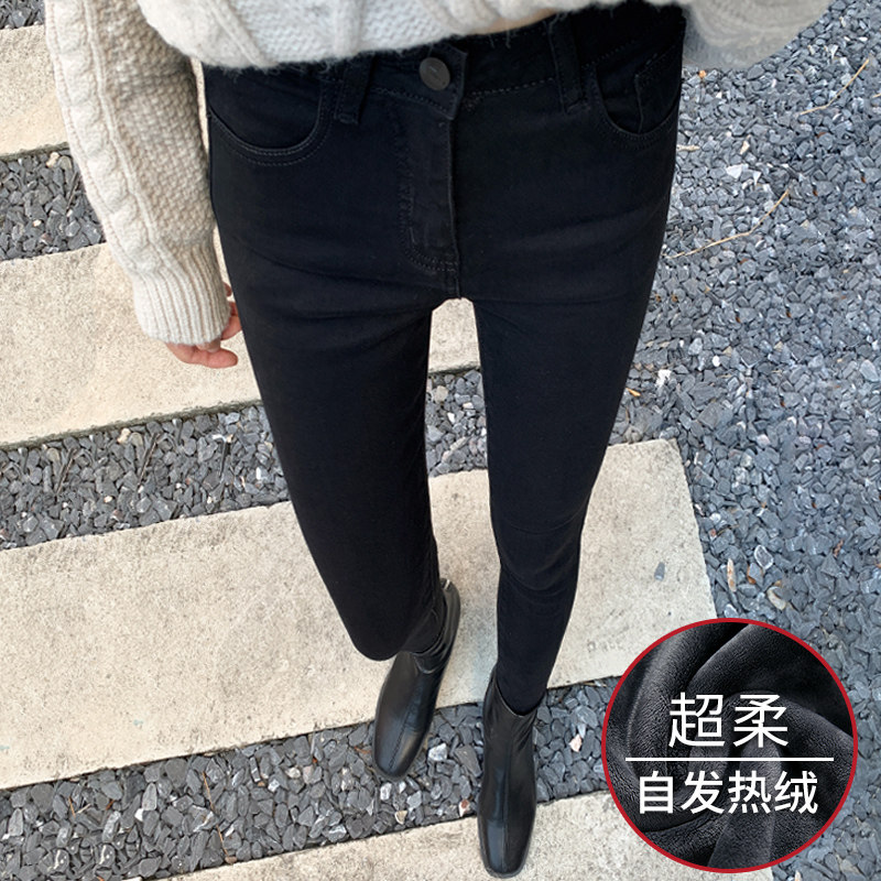 FLEECE AND PADDED BLACK HIGH-WAISTED SKINNY JEANS WOMENS SLIM PANTS WEAR NEW SMALL FEET IN AUTUMN AND WINTER 2021