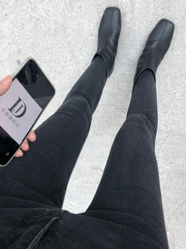 HIGH-WAISTED VELVET JEANS WOMENS AUTUMN AND WINTER 2021 SLIM AND THIN AND TALL VELVET BLACK GRAY CROPPED TIGHT FEET