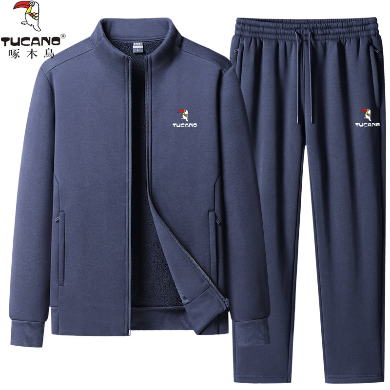 啄木鸟中年立领休闲套装男冬季加绒加厚运动服两件套爸爸卫衣外套
