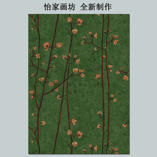 法式复古中古风梅花植物花卉单幅装饰画客厅玄关绿色油画自粘壁画