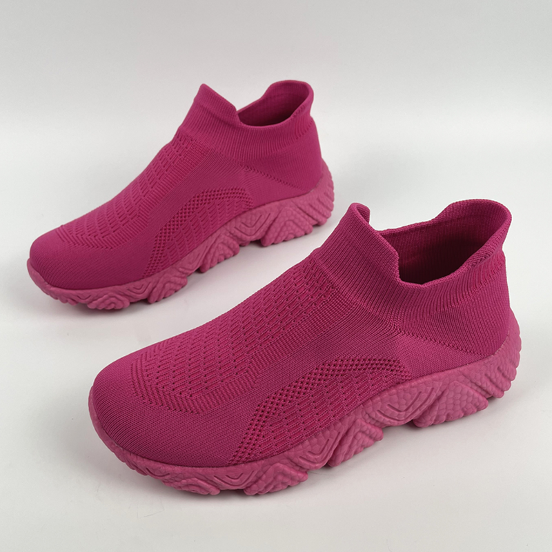 外贸女鞋亮色玫红时尚休闲鞋飞织透气袜子鞋一脚蹬爆米花软底单鞋