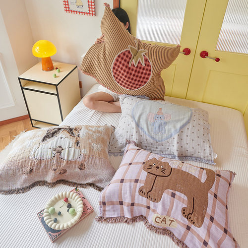 纯棉纱布枕巾一对装新款成人家用卡通盖巾柔软加厚全棉流苏枕头巾