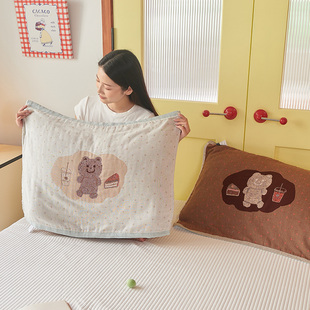 甜品小熊枕巾纯棉a类四层纱布四季通用枕头巾100全棉一对防头油