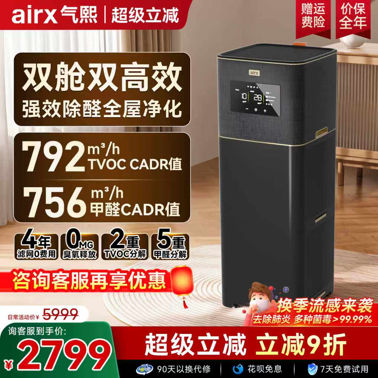 气熙airx空气净化器0臭氧全自动新房除甲醛TVOC烟异味猫毛黑金B7