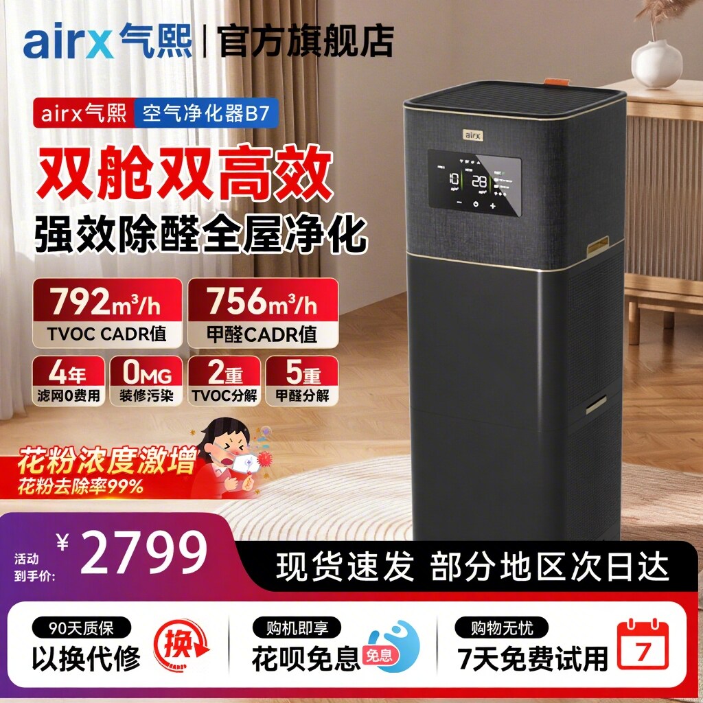气熙airx空气净化器0臭氧全自动新房除甲醛TVOC烟异味猫毛黑金B7