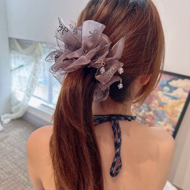 网纱碎钻蝴蝶结水晶吊坠香蕉夹女高级感扎高马尾发夹头饰轻奢竖夹