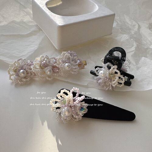 串珠花朵发夹香芋牛奶压夹侧边