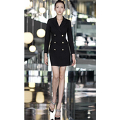 长袖 绝色秋装 连衣裙 领欧美范修身 小黑裙女装 新款 OL通勤双排扣西装