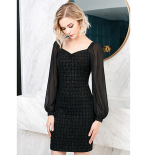 2026春季新款小香风黑色丝绒烫亮片格子雪纺灯笼长袖修身连衣裙女