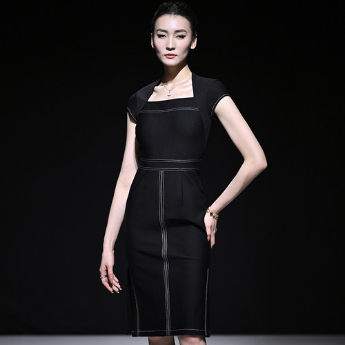 通勤修身显瘦方领明线短袖包臀裙