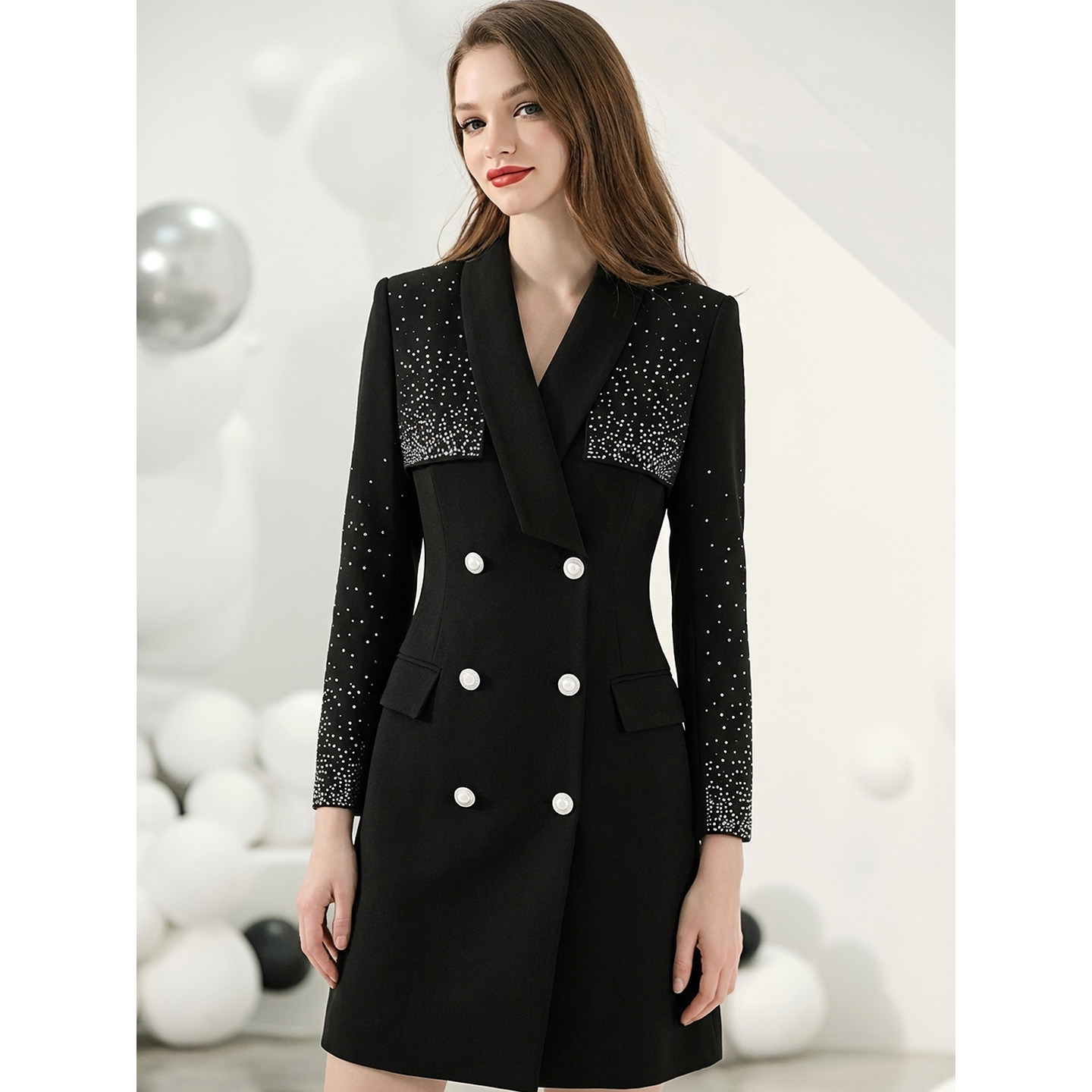 绝色2025秋季轻奢名媛高级感收腰显瘦满天星烫钻双排扣西装连衣裙