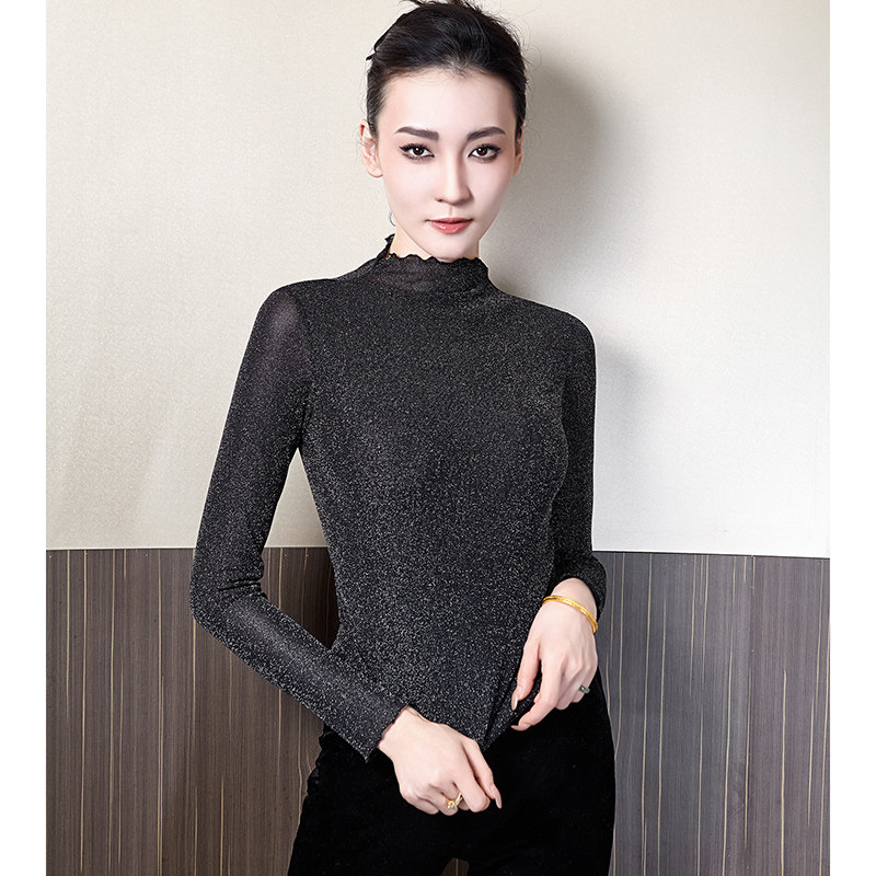 2025秋季双层半透半高领修身显瘦黑色亮丝长袖百搭T恤打底衫女装,女装/女士精品,T恤,淘宝优惠券,粉丝福利购,淘宝优惠卷