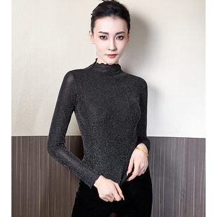 女装 2025秋季 百搭T恤打底衫 显瘦黑色亮丝长袖 双层半透半高领修身