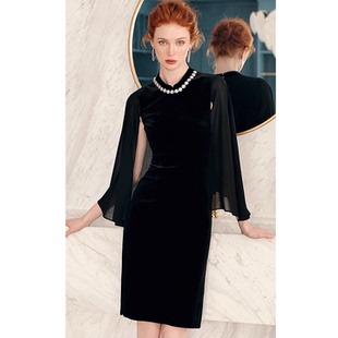 复古改良旗袍丝绒连衣裙手工钉珠礼服小黑裙女装 绝色2025秋装 新款