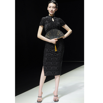 丝绒烧花改良旗袍法式修身显瘦