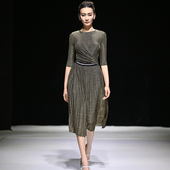 亮丝中袖 连衣裙秋款 女装 绝色时尚 2025年新款 收腰显瘦气质百褶长裙