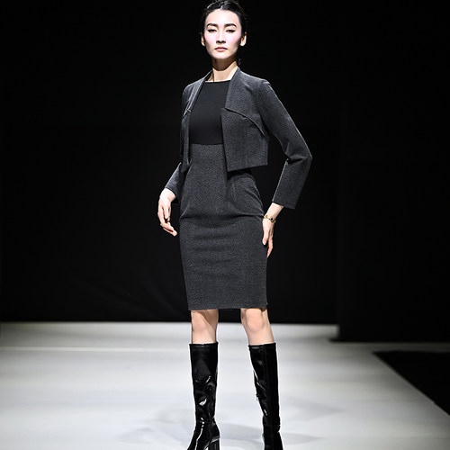 修身连衣裙毛呢短外套两件套装女