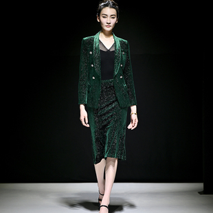 女 鱼尾裙轻奢职业两件套裙装 2025绝色加绒加厚丝绒烫银修身 西装