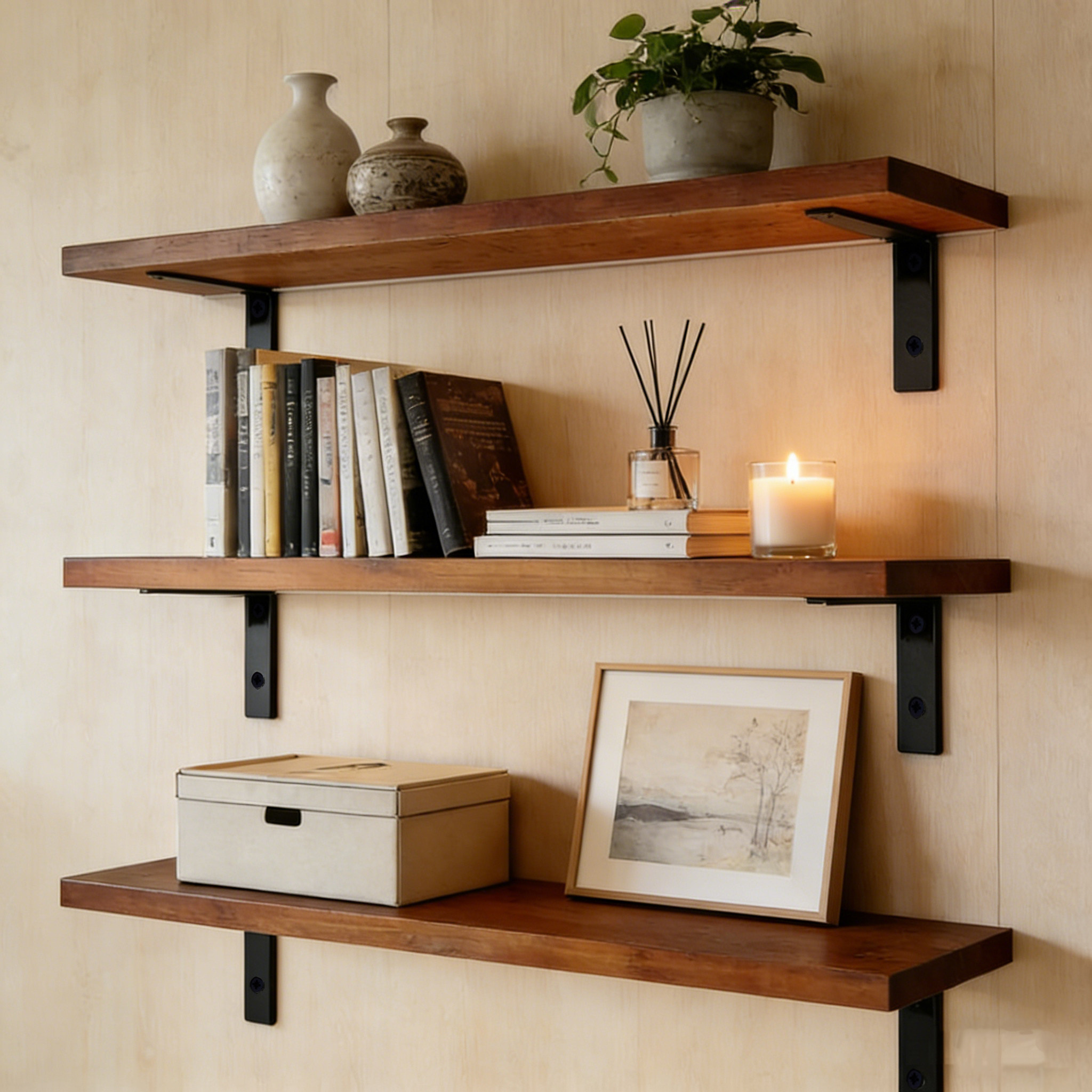 墙上置物架墙面实木书架厨房壁挂原木复古阳台墙壁一字隔板定制板