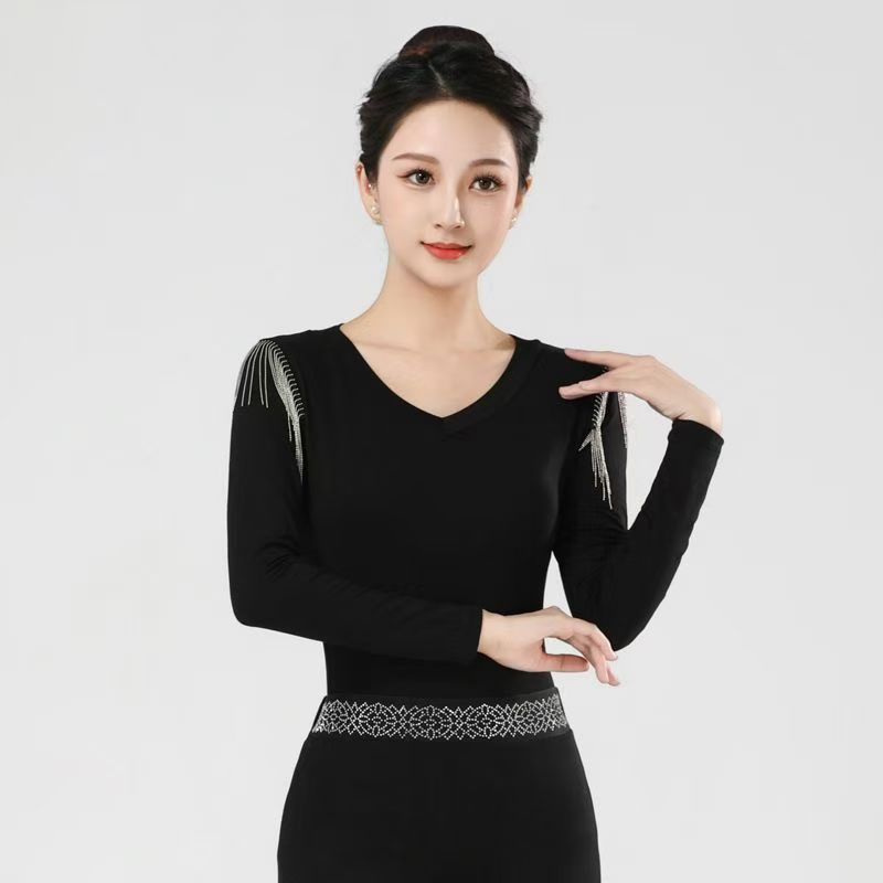 莫代尔舞蹈上衣练功服广场舞新款服装黑色长袖跳舞衣服形体训练女