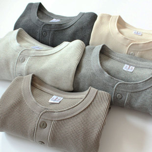 315g美式重磅复古咔叽华夫格亨利衫长袖纯色秋冬弹力修身打底T恤