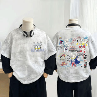 儿童假两件长袖奥特曼纯棉t恤男童打底衫春秋款中大童外穿上衣潮t