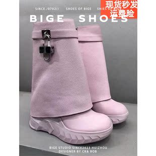 虞书欣同款长筒靴女2024年新款厚底松糕真皮增高马丁靴锁扣裤管靴