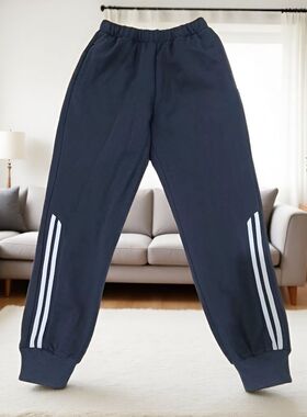 校服裤子中小学生藏蓝色拼半截白条二条杠束脚裤宽松收口运动校裤