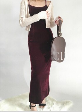 金丝绒吊带裙连衣裙长裙露背修身外穿大码黑色无袖一字领打底裙春