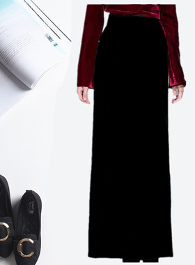 韩版丝绒半身裙女秋冬新款直筒裙百搭黑色金丝绒一步裙包臀长裙