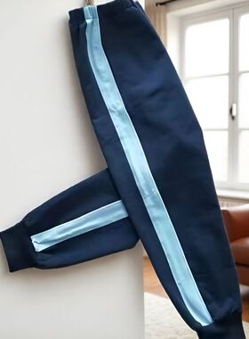 校服裤子中小学生藏青色拼浅蓝宽条束脚裤宽松春秋男女运动校裤