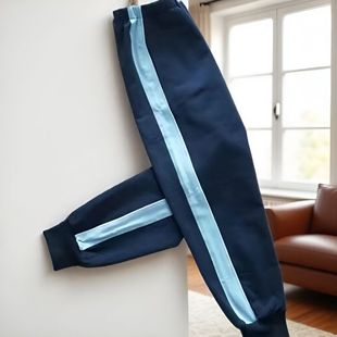 校服裤子中小学生藏青色拼浅蓝宽条束脚裤宽松春秋男女运动校裤