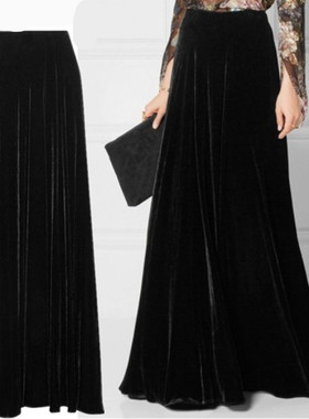 黑色金丝绒半身裙女高腰2023秋韩版胖mm大码百搭大摆a字拖地长裙