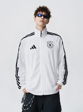 Adidas阿迪达斯男款白色立领拉链运动外套复古条纹休闲夹克JZ9339