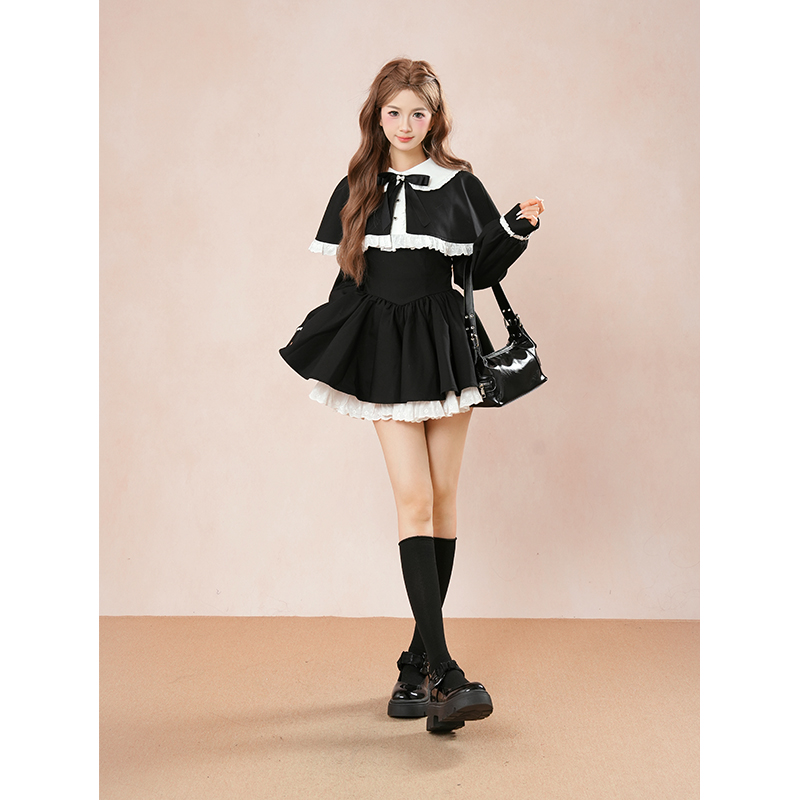 墨梦洛阁 日系哥特暗黑系甜美蝴蝶结连衣裙+斗篷两件套女冬季新款